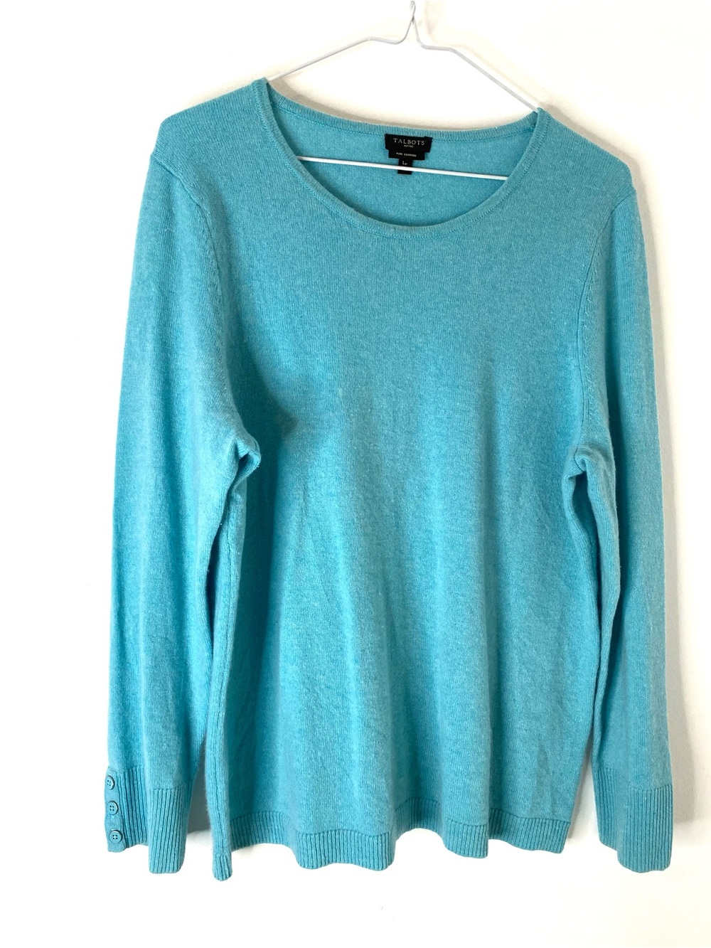 Talbots Pure Cashmere Turquoise Blue Crewneck Sweater Button Cuffs